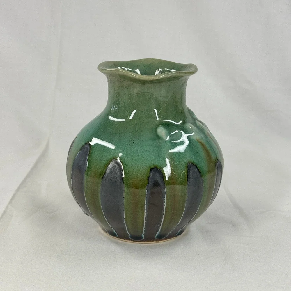 Vintage Studio Pottery Drip Glaze Vase‎ Green Brown Textured Scalloped Rim 5.5